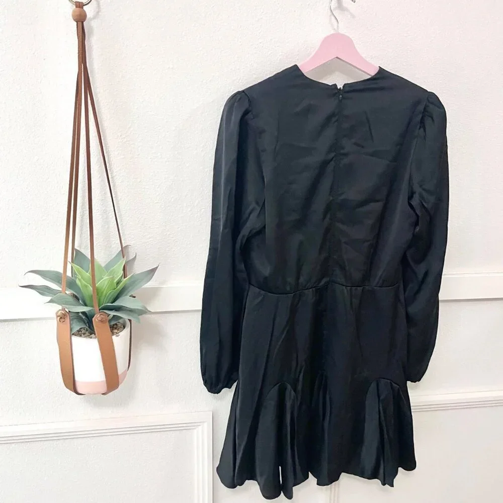 Abercrombie & Fitch Long Sleeve Black Satin Plunge Mini Dress L